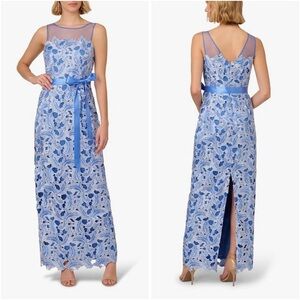 Adrianna Papell Light Blue Embroidered Floral Lace Maxi Dress Women size 2 Belt